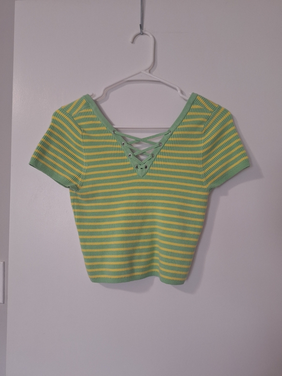 BDG Tops - Urban Outfitters BDG Green & Yellow Striped Lace-Up Ribbed Crop Top